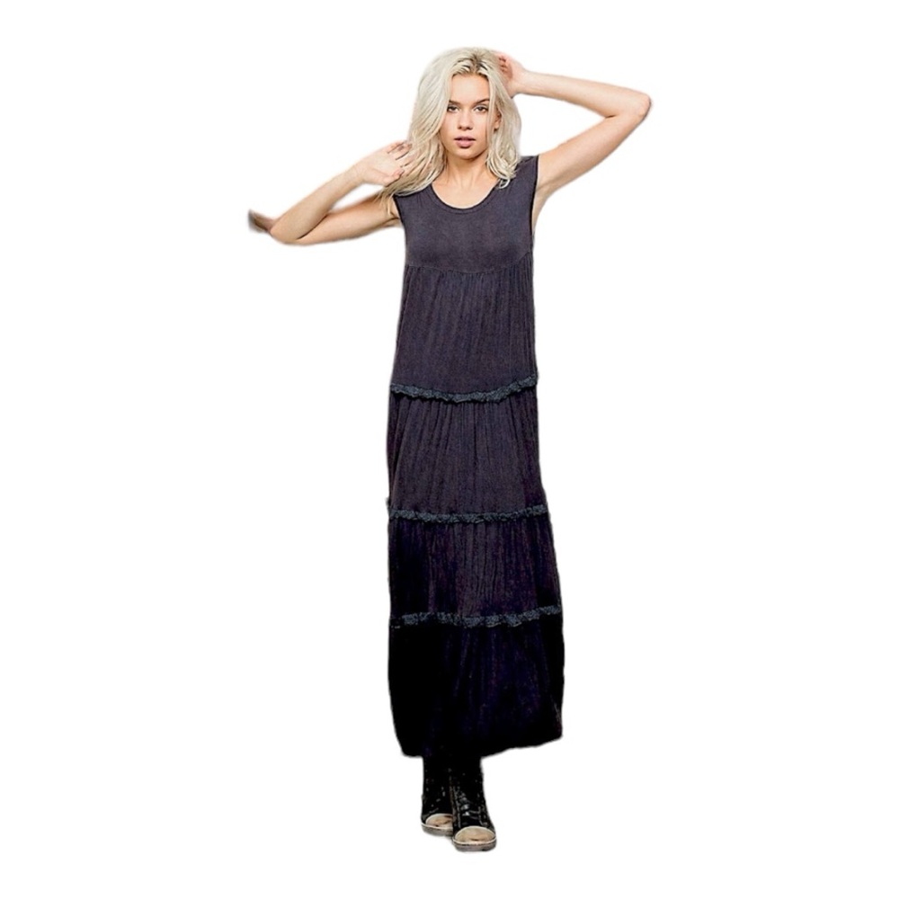 🆕 POL - Button Back Lace Trim Maxi Dress -  Navy - NIB - Picture 3 of 7